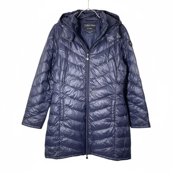 Calvin Klein Puffer Jacket Womens XXL Premium Down Long Packable Quilted Navy - Picture 2 of 13